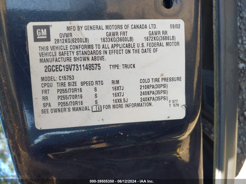 2003 Chevrolet Silverado 1500 Ls VIN: 2GCEC19V731148575 Lot: 39505350