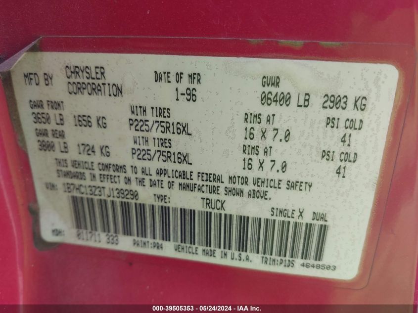 1996 Dodge Ram 1500 VIN: 1B7HC13Z3TJ139290 Lot: 39505353