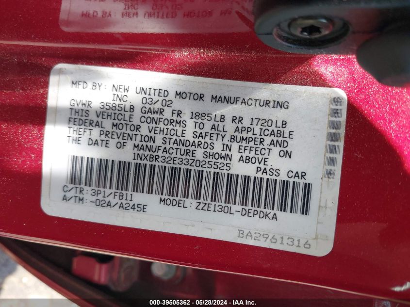 2003 Toyota Corolla Ce VIN: 1NXBR32E33Z025525 Lot: 39505362