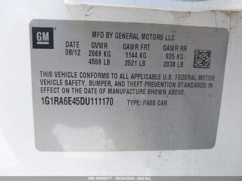 2013 Chevrolet Volt VIN: 1G1RA6E45DU111170 Lot: 39505377