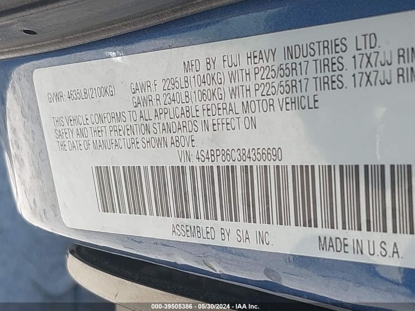 2008 Subaru Outback 2.5I Limited/2.5I Limited L.l. Bean Edition VIN: 4S4BP62C587316930 Lot: 39505386