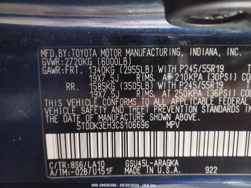 2012 Toyota Highlander Limited V6 VIN: 5TDDK3EH3CS106696 Lot: 39505388