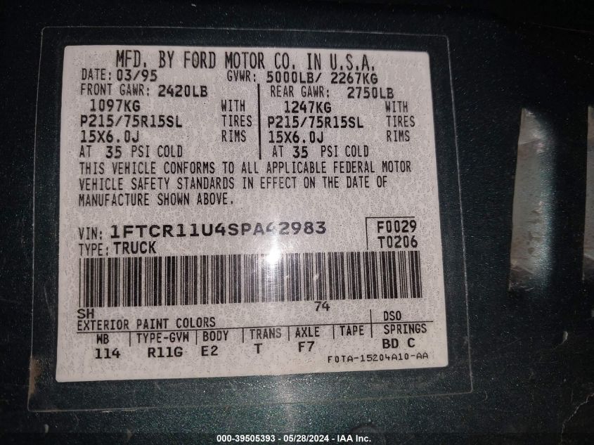 1995 Ford Ranger VIN: 1FTCR11U4SPA42983 Lot: 39505393