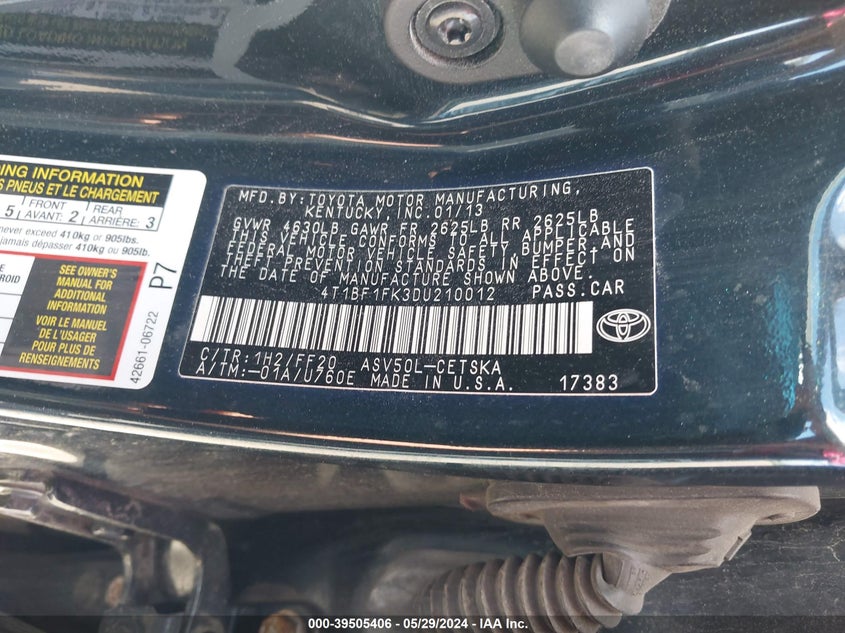 2013 Toyota Camry Se VIN: 4T1BF1FK3DU210012 Lot: 39505406