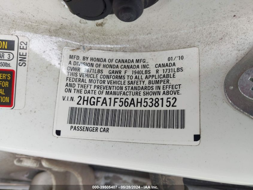 2010 Honda Civic Lx VIN: 2HGFA1F56AH538152 Lot: 39505407