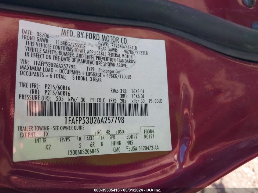 2006 Ford Taurus Se VIN: 1FAFP53U26A257798 Lot: 39505415