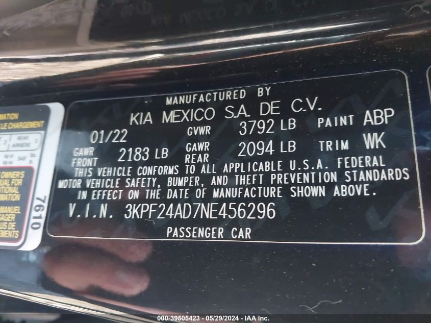 2022 Kia Forte Lxs VIN: 3KPF24AD7NE456296 Lot: 39505423