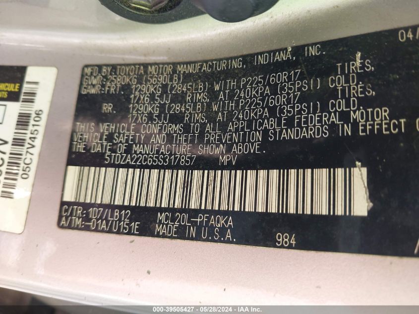 2005 Toyota Sienna Xle Limited VIN: 5TDZA22C65S317857 Lot: 39505427