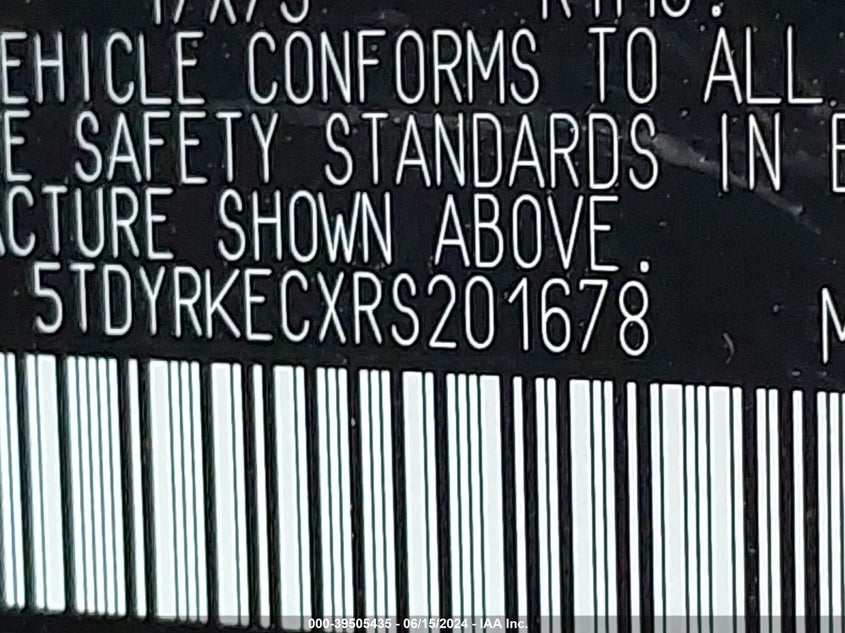 2024 Toyota Sienna Xle VIN: 5TDYRKECXRS201678 Lot: 39505435