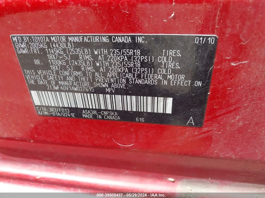 2010 Toyota Rav4 Sport VIN: 2T3WF4DV1AW027615 Lot: 39505437