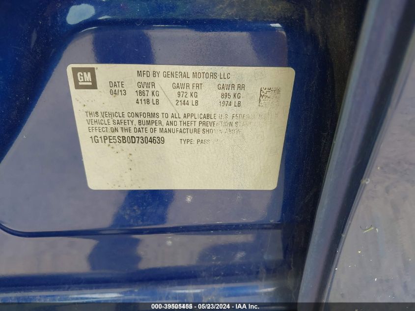 2013 Chevrolet Cruze 2Lt Auto VIN: 1G1PE5SB0D7304639 Lot: 39505455