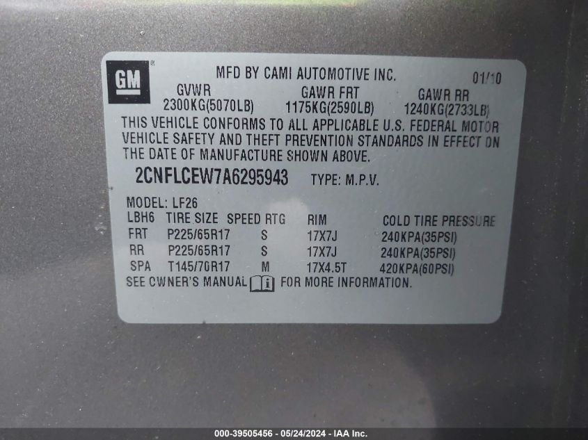 2010 Chevrolet Equinox Ls VIN: 2CNFLCEW7A6295943 Lot: 39505456