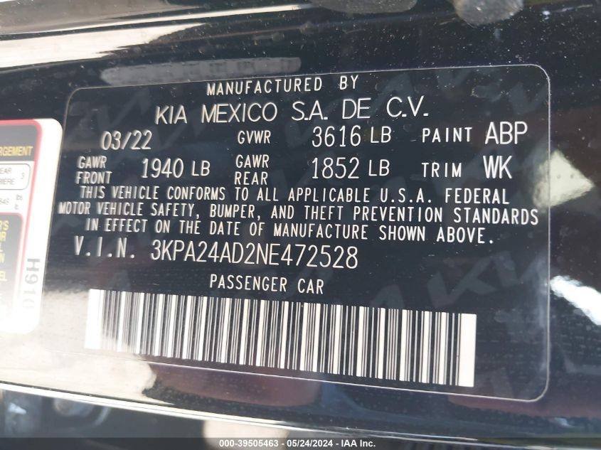 2022 Kia Rio S VIN: 3KPA24AD2NE472528 Lot: 39505463