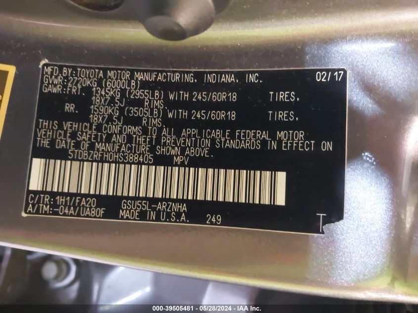 2017 Toyota Highlander Le Plus VIN: 5TDBZRFH0HS388405 Lot: 39505481