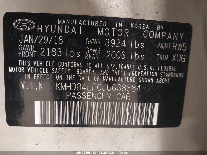 KMHD84LF0JU638384 2018 Hyundai Elantra Value Edition