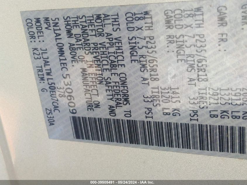 2014 Infiniti Qx60 VIN: 5N1AL0MN1EC530609 Lot: 39505491