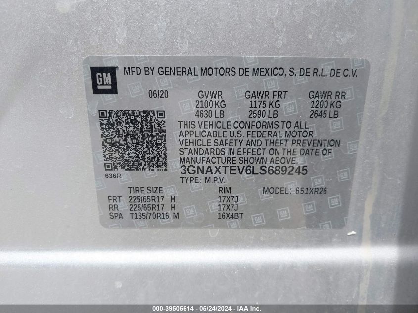 2020 Chevrolet Equinox Awd 2Fl VIN: 3GNAXTEV6LS689245 Lot: 39505614