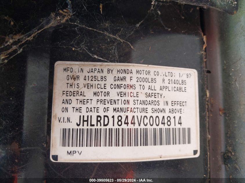1997 Honda Cr-V VIN: JHLRD1844VC004814 Lot: 39505623