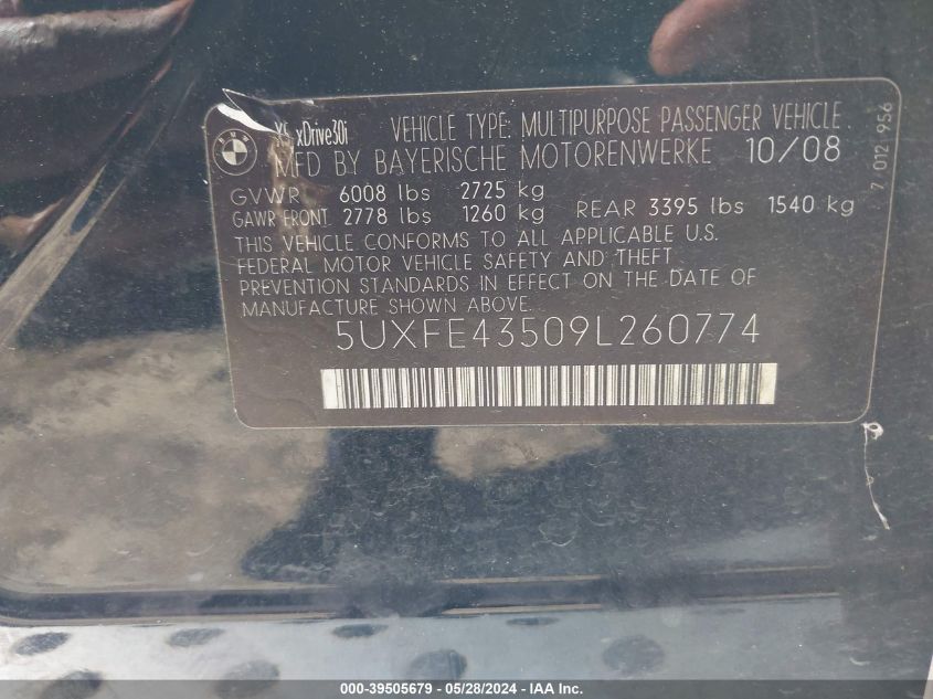 2009 BMW X5 xDrive30I VIN: 5UXFE43509L260774 Lot: 39505679