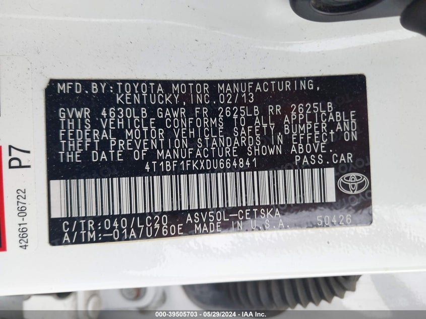 2013 Toyota Camry Se VIN: 4T1BF1FKXDU664841 Lot: 39505703