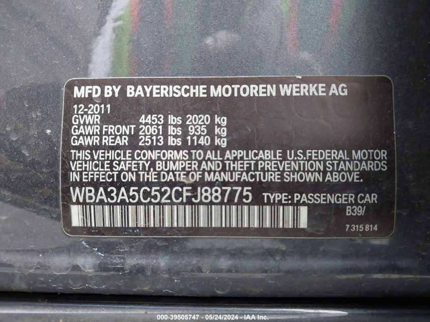 2012 BMW 328I VIN: WBA3A5C52CFJ88775 Lot: 39505747