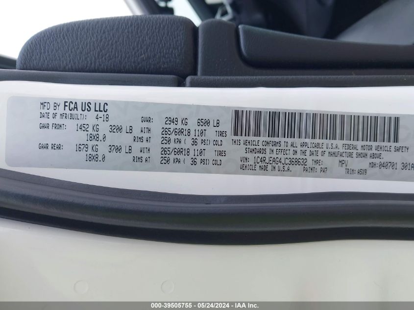 2018 Jeep Grand Cherokee Laredo E 4X2 VIN: 1C4RJEAG4JC368632 Lot: 39505755