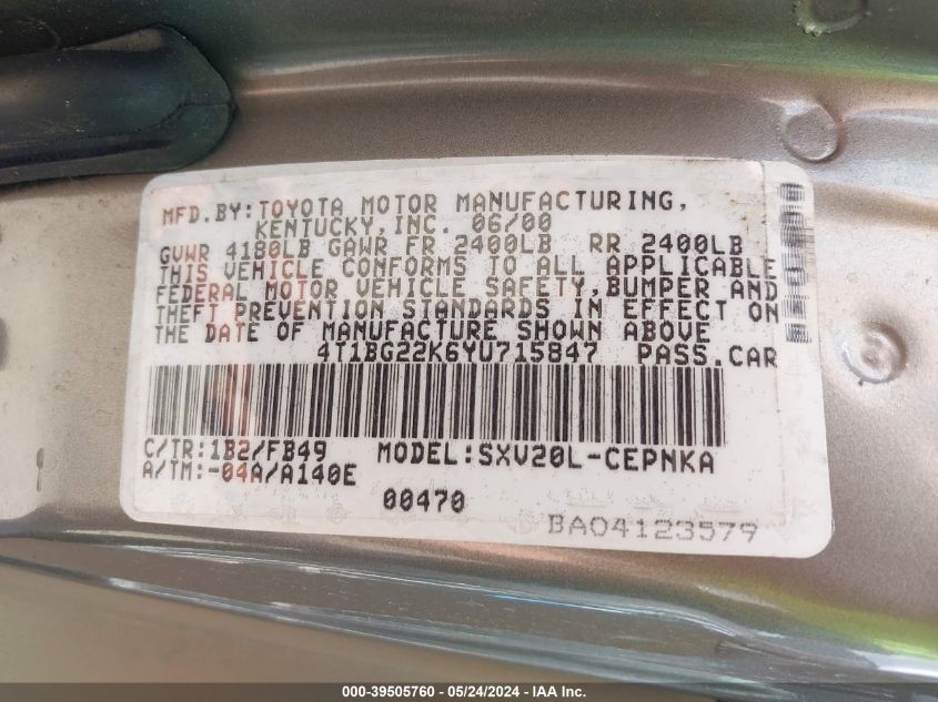 2000 Toyota Camry Le VIN: 4T1BG22K6YU715847 Lot: 39505760