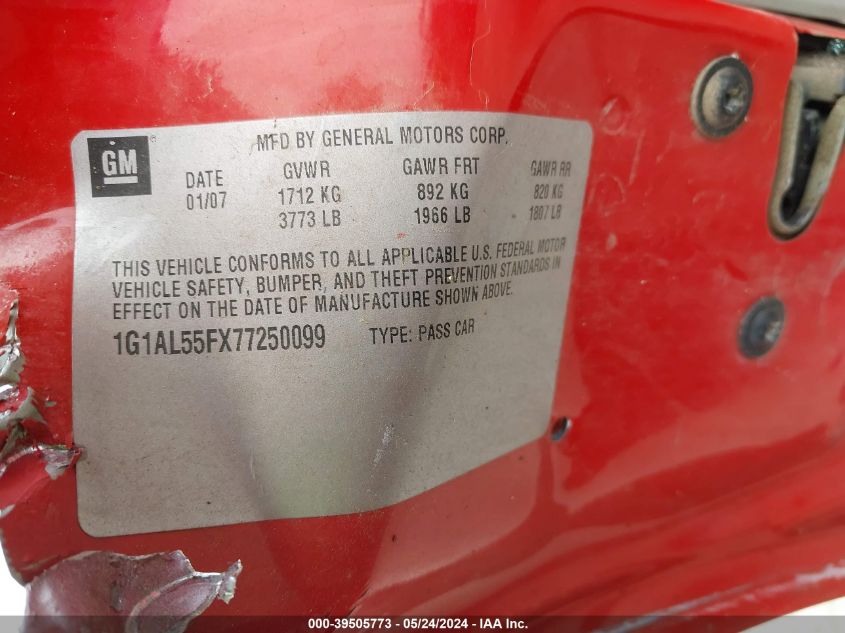 2007 Chevrolet Cobalt Lt VIN: 1G1AL55FX77250099 Lot: 39505773