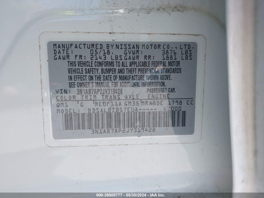 2018 Nissan Sentra S VIN: 3N1AB7AP2JY319428 Lot: 39505777