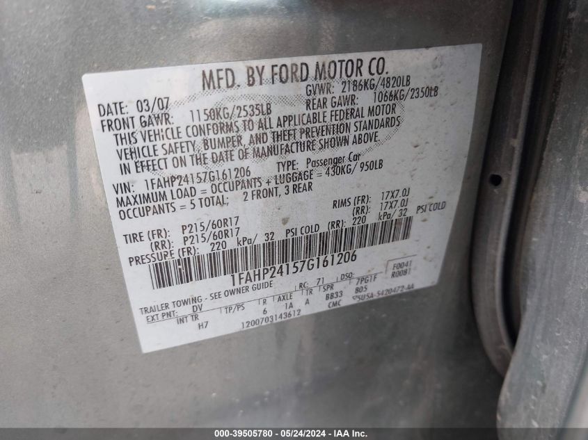 2007 Ford Five Hundred Sel VIN: 1FAHP24157G161206 Lot: 39505780