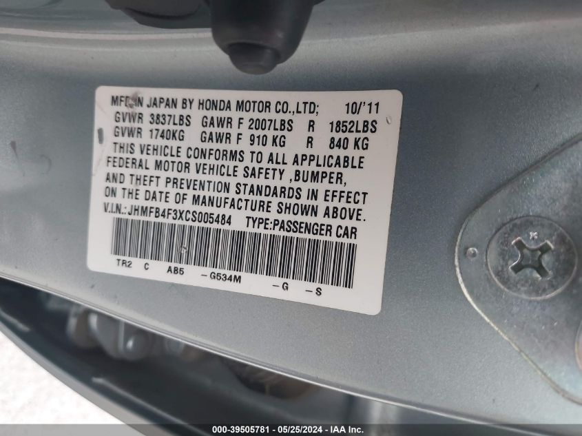 2012 Honda Civic Hybrid VIN: JHMFB4F3XCS005484 Lot: 39505781