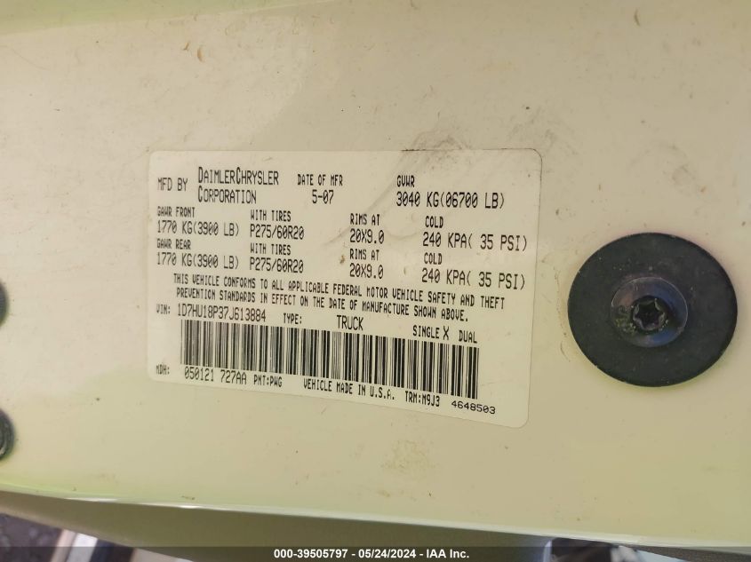 2007 Dodge Ram 1500 Slt/Trx4 Off Road/Sport VIN: 1D7HU18P37J613884 Lot: 39505797