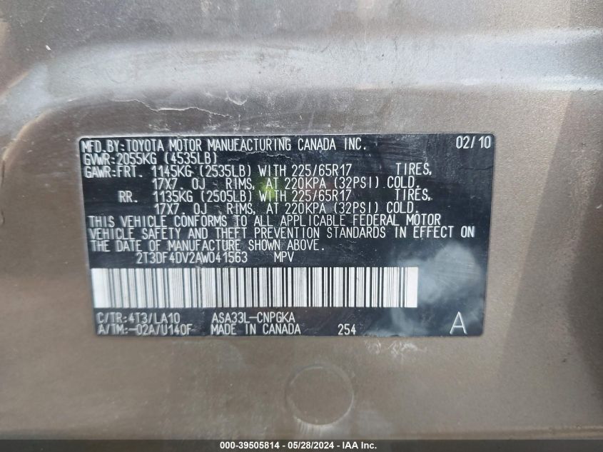 2010 Toyota Rav4 Limited VIN: 2T3DF4DV2AW041563 Lot: 39505814