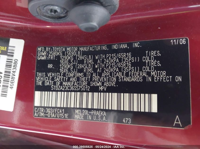 2006 Toyota Sienna Le VIN: 5TDZA23C36S575012 Lot: 39505825