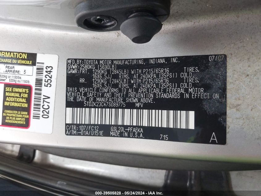 2007 Toyota Sienna Ce/Le VIN: 5TDZK23C47S089775 Lot: 39505828