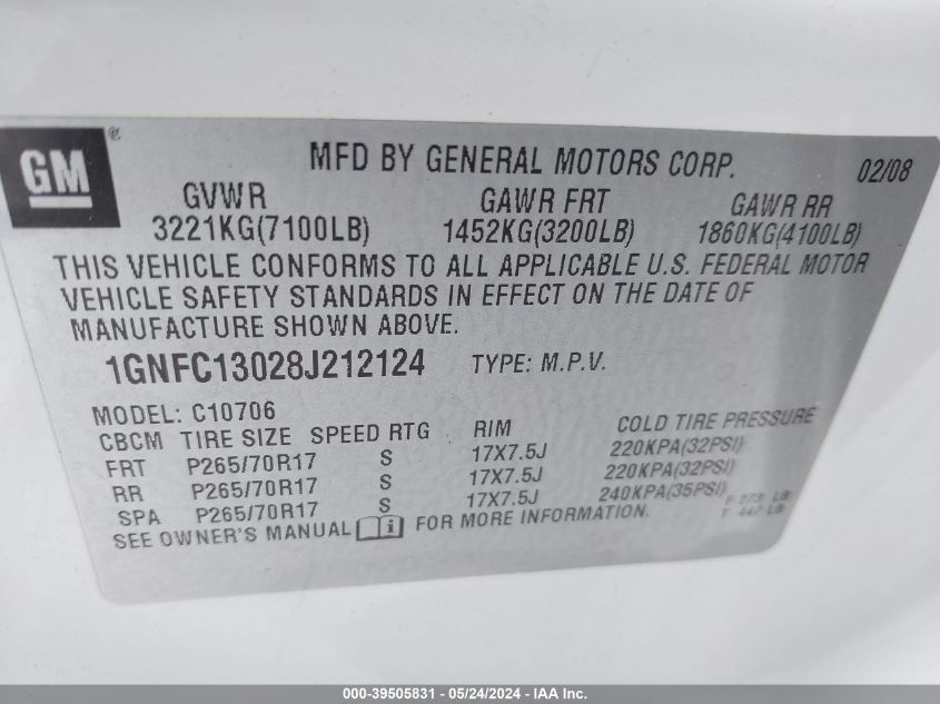 2008 Chevrolet Tahoe Lt VIN: 1GNFC13028J212124 Lot: 39505831