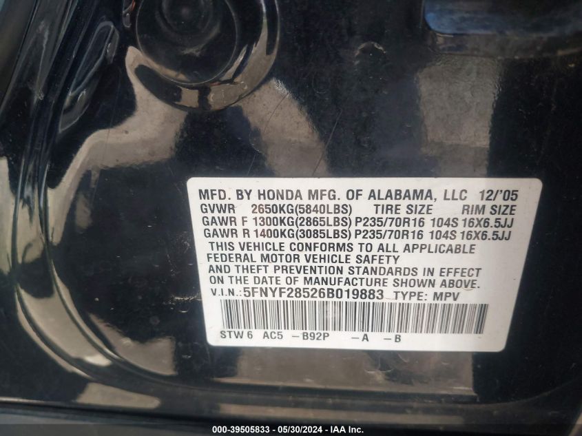 2006 Honda Pilot Ex-L VIN: 5FNYF28526B019883 Lot: 39505833