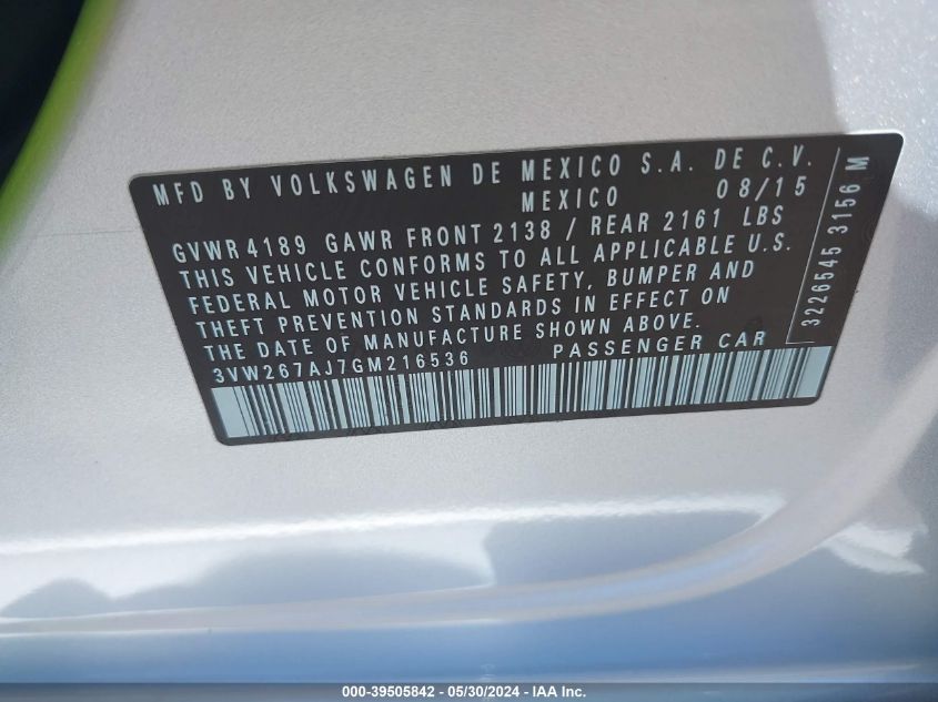 2016 Volkswagen Jetta 1.4T S VIN: 3VW267AJ7GM216536 Lot: 39505842