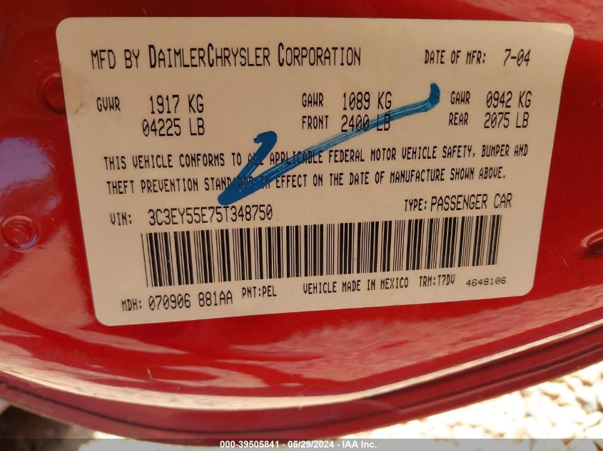 2005 Chrysler Pt Cruiser Touring VIN: 3C3EY55E75T348750 Lot: 39505841