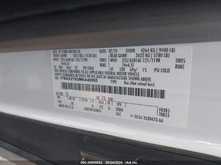 2021 Ford Transit T-350 VIN: 1FBAX2Y83MKA49505 Lot: 39505852