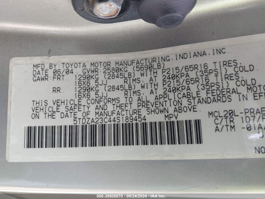 2004 Toyota Sienna Le VIN: 5TDZA23C44S189454 Lot: 39505870