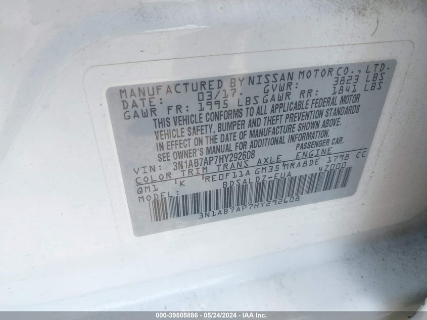 2017 Nissan Sentra Sv VIN: 3N1AB7AP7HY292608 Lot: 39505886