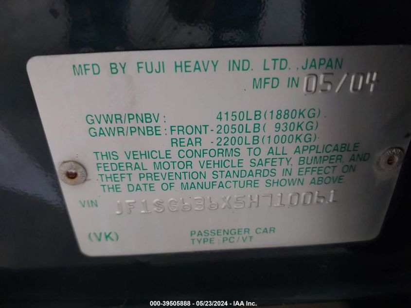 2005 Subaru Forester 2.5X VIN: JF1SG636X5H710061 Lot: 39505888