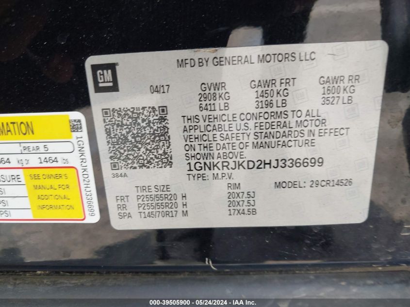 2017 Chevrolet Traverse Premier VIN: 1GNKRJKD2HJ336699 Lot: 39505900