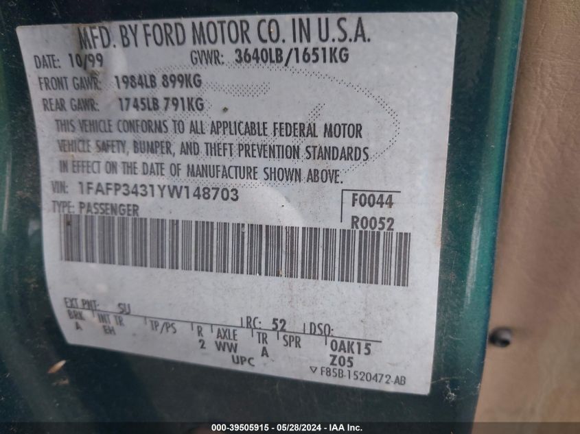 2000 Ford Focus Se VIN: 1FAFP3431YW148703 Lot: 39505915