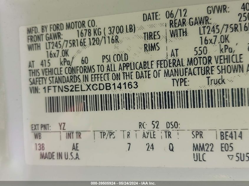 2012 Ford Econoline E250 Van VIN: 1FTNS2ELXCDB14163 Lot: 39505924