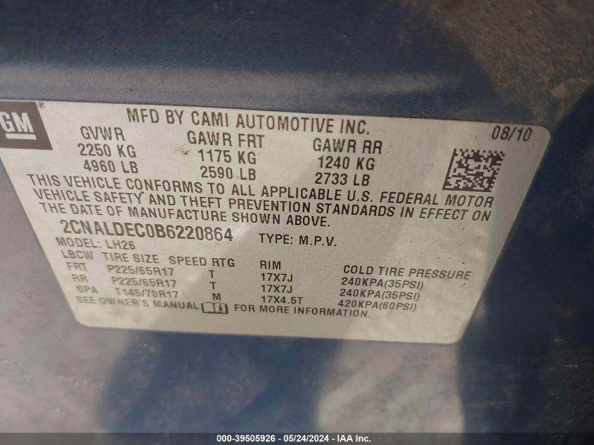 2011 Chevrolet Equinox 1Lt VIN: 2CNALDEC0B6220864 Lot: 39505926