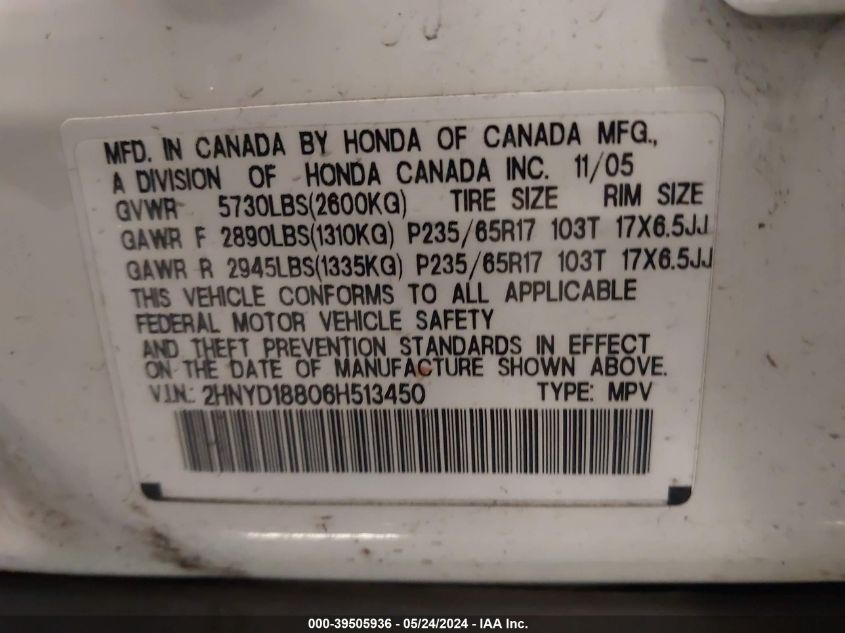2006 Acura Mdx VIN: 2HNYD18806H513450 Lot: 39505936