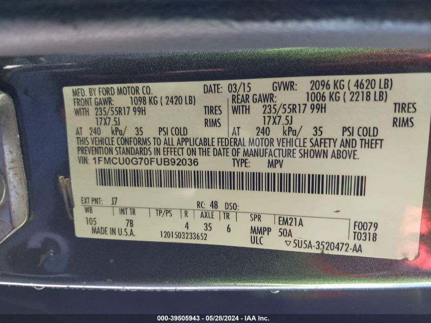 2015 Ford Escape Se VIN: 1FMCU0G70FUB92036 Lot: 39505943