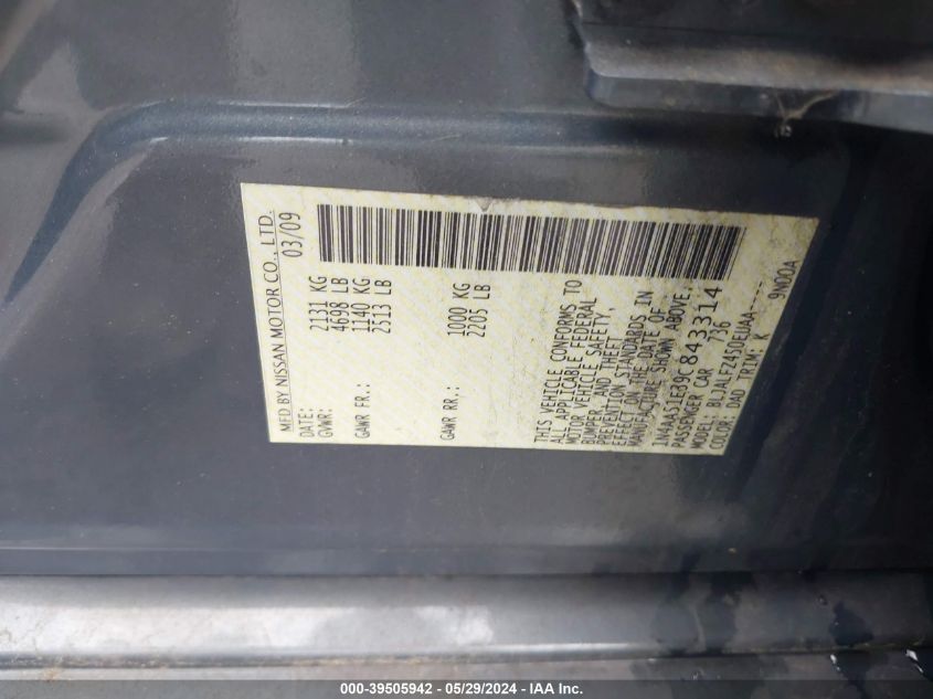 2009 Nissan Maxima 3.5 Sv VIN: 1N4AA51E39C843314 Lot: 39505942